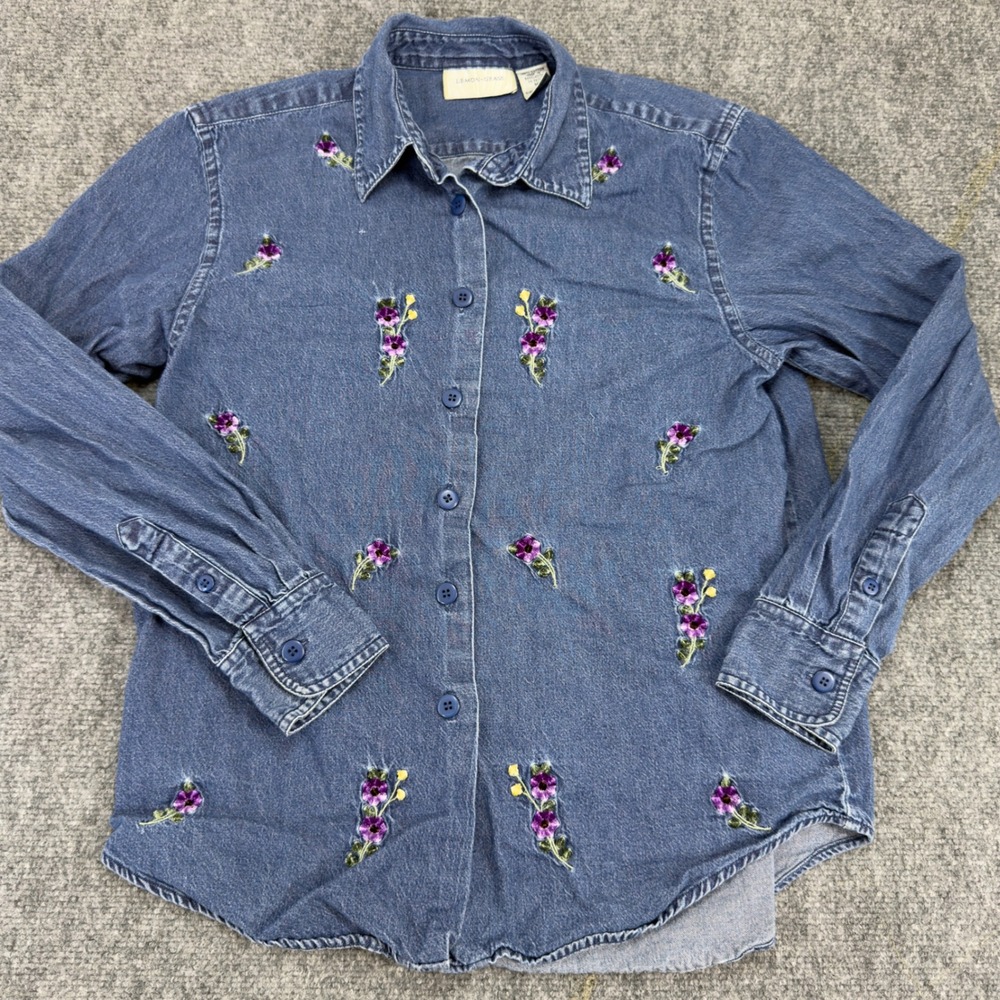 Lemon Grass Floral Embroidered Denim Button Down Shirt Blue Size M